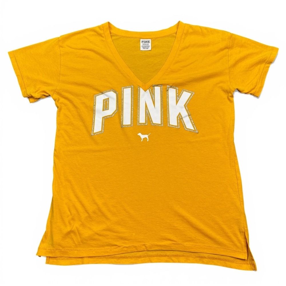 Victoria's Secret PINK T Shirt Top Womens Size Small Yellow Glitter‎ Logo Tee